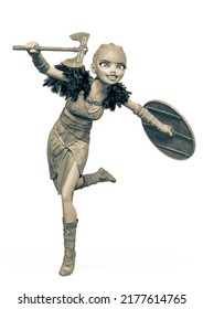 Viking Girl Is Running For War With Sheild And Axe, 3d Illustration