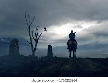 Viking knight traveling the Odin path signed by stones runes and a dead tree with a crow  - concept art - 3D rendering