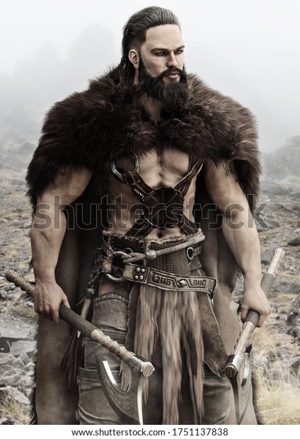 Viking Norse raider from Scandinavia holding\
duel bearded axes stands ready for battle to defend his homeland.\
3d rendering