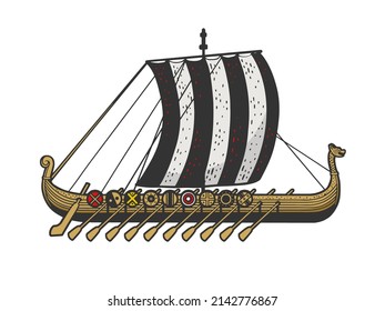 Viking Ship Color Sketch Engraving Raster Illustration. T-shirt Apparel Print Design. Scratch Board Imitation. Black And White Hand Drawn Image.