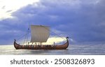 Viking ship longship 3D render image side view rowing vikings on a sailing ship