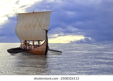 Viking ship longship 3D render image rowing vikings on a sailing ship