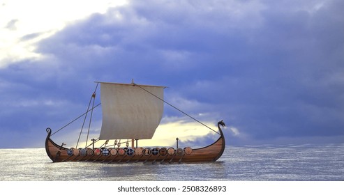 Viking ship longship 3D render image side view rowing vikings on a sailing ship