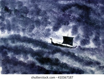 Viking ship and a night storm