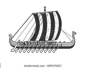 Viking Ship Sketch Engraving Raster Illustration. T-shirt Apparel Print Design. Scratch Board Imitation. Black And White Hand Drawn Image.