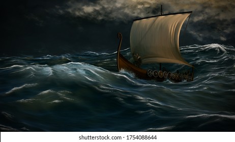 Viking ship in the storm. Drakkar in the open wavy ocean under the rough dark sky. 3D render illustration with digital painting.