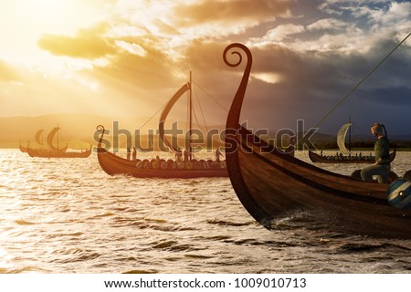 Viking ships on the water under the sunlight and dark storm. Invasion in the storm. 3D illustration.