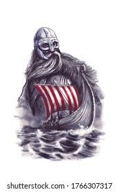 Viking Warrior And Viking Ship Sailing On The Sea - Drawing