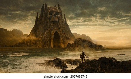 Viking warrior woman facing a skull shaped dungeon - 3D illustration