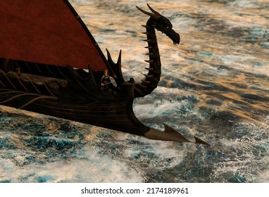 Viking Woman Warrior On A Warship At Sunset - 3D Rendering