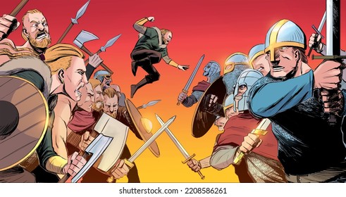 Vikings Against Saxons - Medieval Battle - Illustration