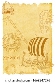 Vikings Background With Longboat, Helmet Etc