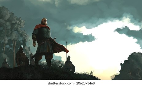 Vikings at dawn stand against the background of the forest. Dawn illuminates the silhouettes of warriors. The leader's cloak flutters in the wind. 2D illustration, digital art style	