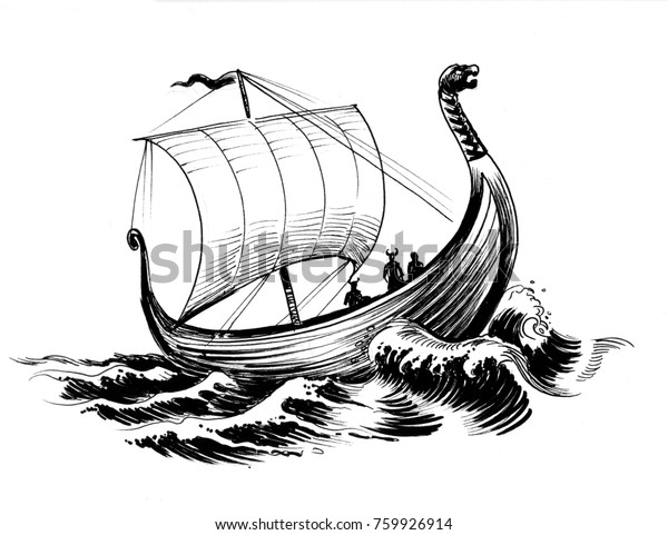 バイキングの船 白黒のインク描画 のイラスト素材