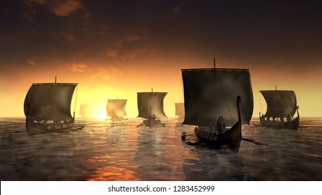 Vikingové jsou na mlhavé vodě. Mlhavé ráno při východu slunce. 3D ilustrace rendrování.
