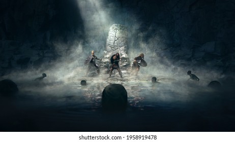 Vikings warriors in a dark cave fighting against swamp monster under the protection of runes with fog and god ray - concept art - 3D rendering