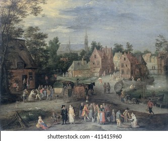 A Village In Flanders, By Pieter Gijsels, 1650-91, Flemish Painting, Oil On Canvas. In Center, A Group Stands Around A Man With A Dancing Dog. Other Scenes Are Depict Selling Fish, A Violinist Playin