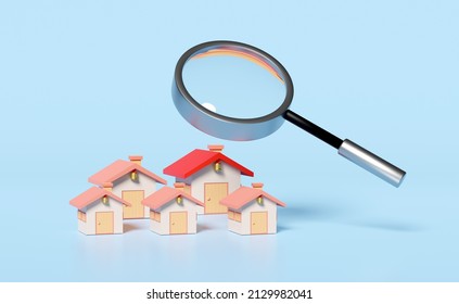 village with magnifying glass isolated on blue background. online shopping, search data concept, 3d illustration, 3d render