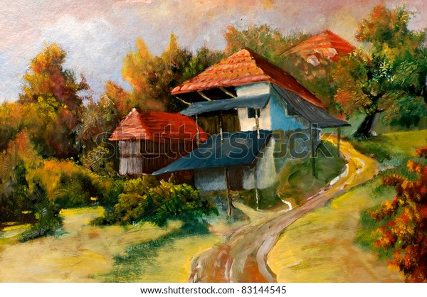古い廃墟の家と村の風景 これは油彩画で 私はこの絵の作者です のイラスト素材