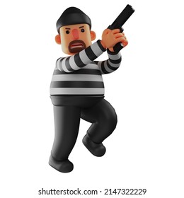 A Villain 3D Thief Cartoon Illustration Ready To Shoot His Gun