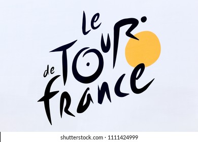 Villars, France - July 16, 2016: Logo of Tour de France cycling on a wall. The Tour de France is an annual multiple stage bicycle race primarily held in France