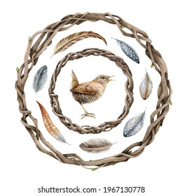 Vine rustic wreath, wren, feathers set. Watercolor illustration. Branch twisted floral round decor. Boho style vintage wreath. Natural dry twig circle, wren bird, feather element. On white background