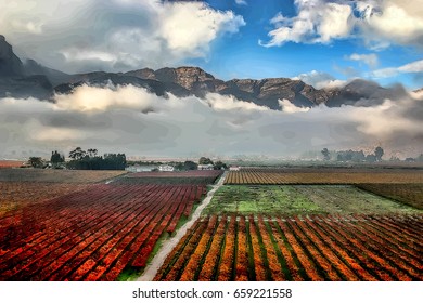 Vineyards In Autumn Colors Of Orange, Red An Yellow In The Hex River Valley Of South Africa.