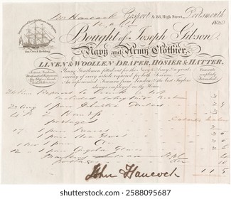 Vintage 1820 receipt from a clothier, featuring elegant script and detailed illustrations. Historical document with classic design elements and ornate typography. Vintage etching illustration.