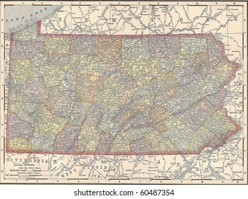 Vintage 1891 Map Of The State Of Pennsylvania; Out Of Copyright