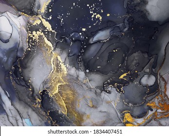 Vintage Abstract. Bright Splatter. Violet Tone. Motley Navy Blue Dots. Delicate Indigo. Alcohol Ink Spray Night. Gold Marble Ink Blur. Alcohol Illustration.