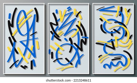 Vintage Abstract Triptych. Chaotic Overlapping Black, Blue, Yellow Broken And Swirling Lines On A Light Background. Three Images In White Thin Frames.
