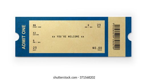 Vintage admission ticket, Isolated on white background. Clipping path is included.