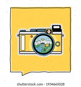 Vintage adventure badge illustration design. Outdoor emblem with camping scene inside the retro camera. Unusual hipster style patch. Stock - Powered by Shutterstock