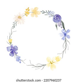 Vintage Aesthetic Wildflower Wreath In Pastel Blue Yellow Color. Botanical Floral Frame Isolated On White Background. Rustic Meadow Template For Wedding Invitation, Birthday Card, Nursery, Packaging