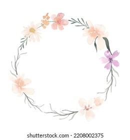 Vintage Aesthetic Wildflower Wreath In Pastel Beige Color. Botanical Floral Frame Isolated On White Background. Rustic Meadow Template For Wedding Invitation, Birthday Card, Nursery, Packaging