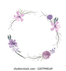 Vintage Aesthetic Wildflower Wreath In Purple Pastel Color. Botanical Floral Frame Isolated On White Background. Rustic Meadow Template For Wedding Invitation, Birthday Card, Nursery, Packaging