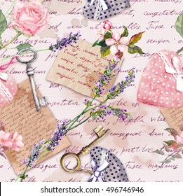 Vintage aged paper with lavender flowers, hand written letters, keys, roses and pink textile hearts. Seamless background - Powered by Shutterstock