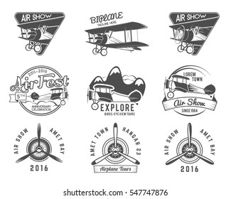 Vintage Airplane Emblems. Pilot Academy. Fly Stamp. Retro Plane Badges, Plane Design Elements. Aviation Stamps Collection Aerial Logo And Logotype. Travel Insignia Isolate. Jet Elements.