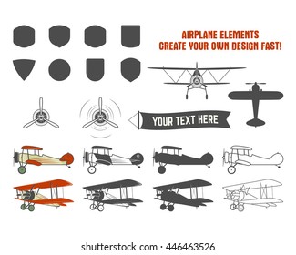 Vintage Airplane Symbols. Biplane Graphic Labels. Retro Plane Badges, Design Elements. Aviation Stamps Collection. Fly Propeller, Old Icon, Shield Isolated On White Background