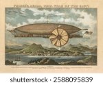 Vintage of an airship, featuring a large balloon and propeller. The airship flies over a scenic landscape with hills and water, showcasing 19th-century aviation. Vintage chromolithograph art.