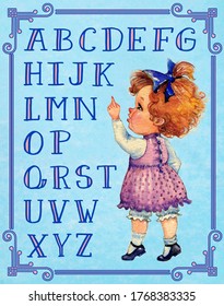 Vintage Alphabet Learning. A Cute Girl, Painted In Watercolor, In A Pink Old-fashioned Dress, Carefully Studies The Letters, Pointing At Them With Her Finger. Retro Style Postcard With Frame.