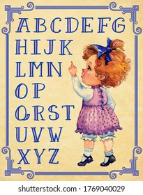 Vintage Alphabet Learning. A Cute Girl, Painted In Watercolor, In A Pink Old-fashioned Dress, Carefully Studies The Letters, Pointing At Them With Her Finger. Retro Style Postcard With Frame.