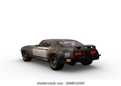 Vintage American High Performance Police Car. Rear View 3D Illustration Isolated On A White Background.