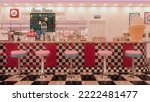 Vintage American ice cream parlour with black and white checked floor and pink stools at the bar. 3D illustration.