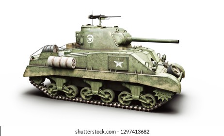 Vintage American World War 2 armored medium combat tank on a white background. WWII 3d rendering 
