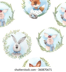 Vintage animals medallions pattern. Watercolor seamless wallpaper. Spring texture with cartoon animal and floral wreath. Cute pig, rabbit and fox isolated on white background. Retro kids background