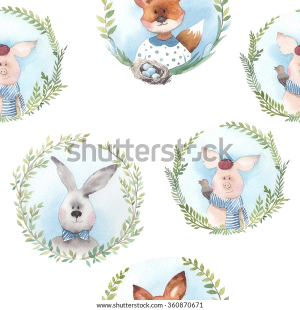 ビンテージ動物のメダリオン柄 水彩シームレス壁紙 漫画の動物と花輪を使った春のテクスチャー 白い背景にかわいい豚 ウサギ キツネ レトロな子どもの背景 のイラスト素材