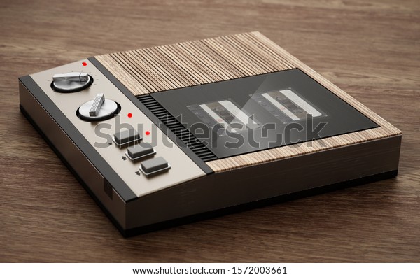 Vintage answering machine standing on\
wooden table. 3D\
illustration.