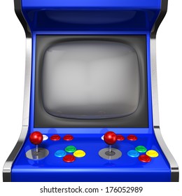 A Vintage Arcade Game Machine With Colorful Controllers And A Screen On An Isolated White Background