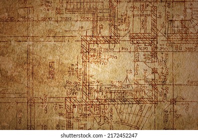 Vintage Architectural Drawing, On Grunge Paper With Some Stains

